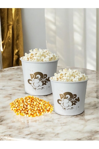 Toptanfoni Metal Popcorn Kutusu - Patlamış Mısır Kovası 2 Adet Beyaz