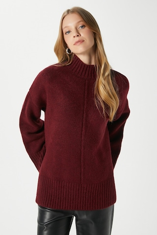 Ritnice Kadın Wonder Yumuşacık Dik Yaka Bordo Yırtmaçlı Oversize Triko Kazak Bordo
