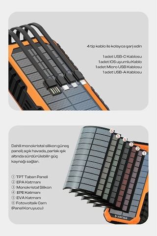 Güneş Enerjili Powerbank 20.000 Mah Taşınabilir Şarj Dahili Kablo Solar Şarj Cihazı Siyah - Turuncu