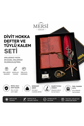 Divit Hokka Defter Ve Tüylü Kalem Seti Nostaljik Mürekkepli Yazı Seti Hediye Kutulu Gül Kırmızı