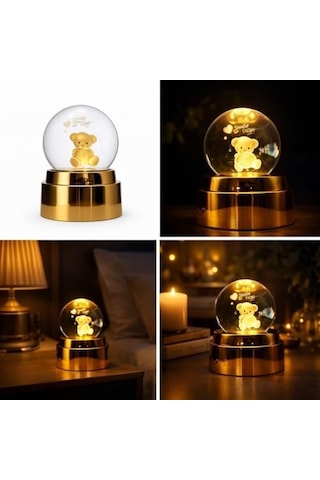 Smile Day 3d Kristal Top Gece Lambası, Teddy Bear Figürlü, Altın Rengi Tabanlı, Led Aydınlatmalı, Sevgiliye Hediye Diğer