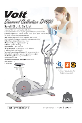 Voit D4000 Diamond Collection Seleli Eliptik Bisiklet 120 Kg Taşıma Kapasitesi İle 8 Kademe Direnç Mekanizması Beyaz