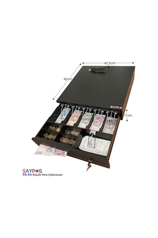 Slip Gözlü 5 Geniş Kağıt Para Bölmeli Anahtarlı Ve Pos Bağlantılı Büyük Para Çekmecesi 40,5x42x11cm