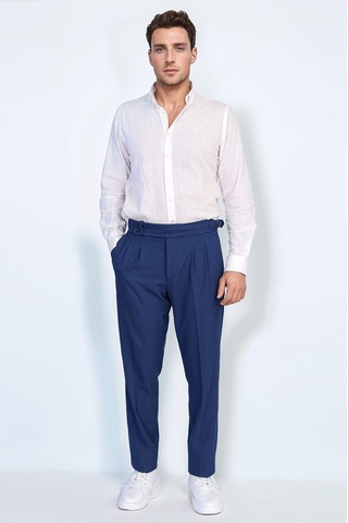 Saks Mavisi Çift Pileli Tokalı Yüksek Bel Slim Fit Pantolon Wessi Koyu Mavi
