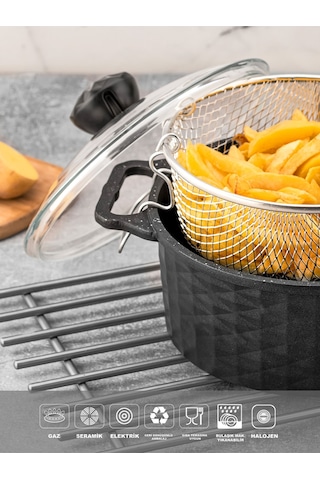 Polochef Döküm Granit Kızartma Tenceresi Fritöz 24cm Siyah