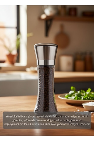 Lüks Çelik Kapaklı Cam Tuz Ve Karabiber Değirmeni 19 Cm Modern Baharat Öğütücü Şeffaf