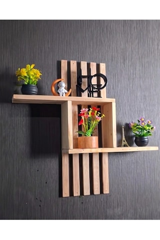 Dekoratif Ahşap Duvar Rafı 60x50 Cm - Çift Taraflı Bant İle Yapıştırılabilir - Modern Kitaplık Bej