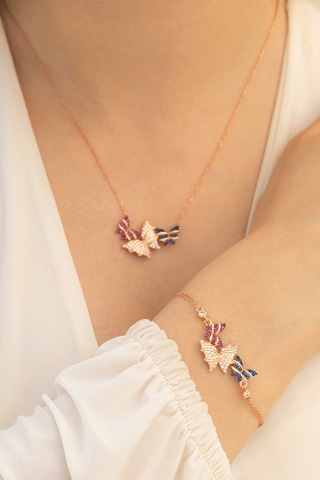 Rose Kelebek Model Gümüş Kolye Bileklik Set