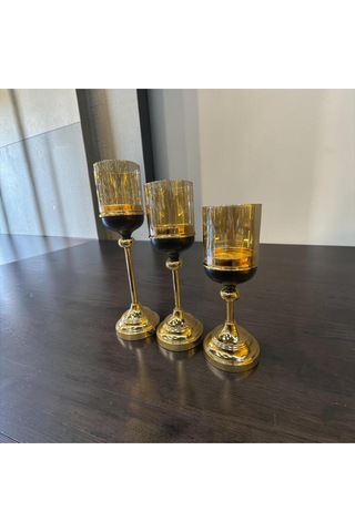 Noir Gold Şamdan Mumluk Seti Siyah & Altın Modern 3 Lü Lüks Masa Üstü Dekoratif Aksesuar Altın