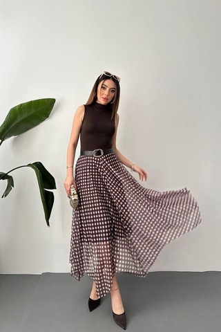 Alemdarshop Kahverengi Ekose Desen Tül Etek