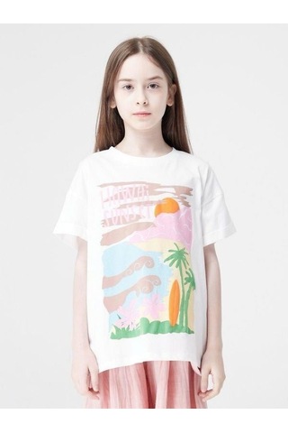 Kız Çocuk Pamuklu Hawai Baskılı Yuvarlak Yaka Yarım Kol Tshirt-14023 Ekru Pmb