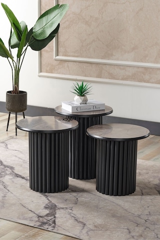 Kagu Boston Mdf 3'lü Sehpa Yuvarlak Ahşap Ve Metal Ayak