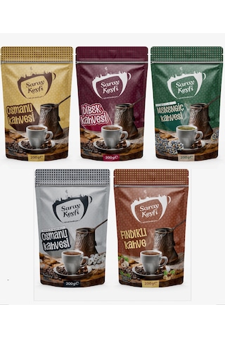 Saray Keyfi Osmanlı + Dibek + Sütlü Menengiç + Damla Sakızlı + Fındıklı Kahve 5x 200 G Saray Keyfi Osmanlı + Dibek + Sütlü Menengiç + Damla Sakızlı + Fındıklı Kahve 5x 200 G