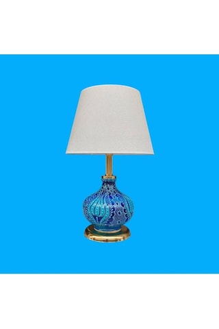 Patara Abajur Gold Kaplamalı Mavi Çini Krem Şapka Mavi