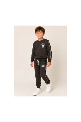Lugmo Erkek Çocuk Koyu Kahverengi 88 Nakışlı Biyeli Sweatshirt Jogger Eşofman Takımı