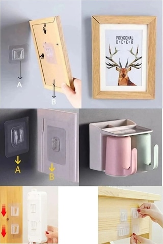 10'lu Set Çift Taraflı Yapışkanlı Geçmeli Klips Eşya Sabitleme Askısı Şeffaf Duvar Kancası Svrm Şeffaf