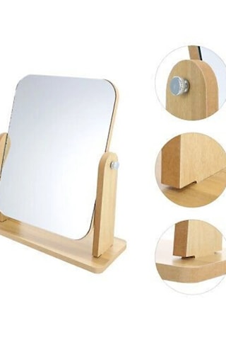 Masa Üstü Ahşap 360 Derece Ayarlanabilir Makyaj Güzellik Traş Cilt Bakım Aynası 13x18 Cm Açık Kahverengi
