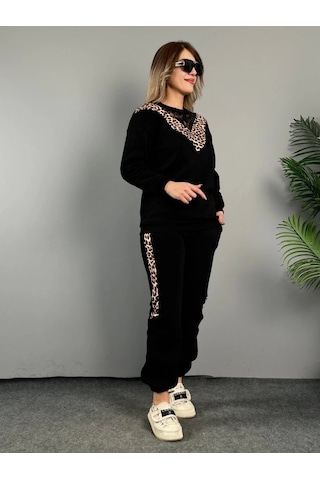 Defymoda Kadın Üç Iplik Kumaş Leopar Desenli Dantel Detaylı Ikili Takım Siyah