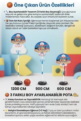 Ayaklı Oyuncak Basketbol Seti Çocuk Basketbol Potası Boy Ayarlanabilir 3 Farklı Boy Seçeneği
