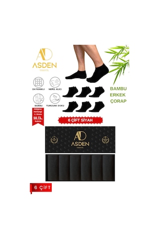 Asden Bambu Erkek Patik Çorap Beyaz Premium Kutu 6'lı, Yıkamalı, Burun Dikişsiz 6 Çift Siyah