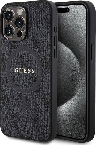 Apple Uyumlu iPhone 15 Pro Max Kılıf Guess Lisanslı Magsafe Özellikli 4g Desenli Yazı Logolu Kapak Siyah