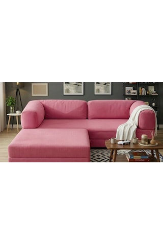 Herev 200x200 Cm 50 Dns Modüler Köşe Koltuk Fitilli Kadife Kumaş, Yatak Olabilen, Modern Tasarım Şark Köşe Pembe