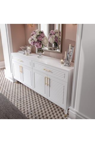 Panjurlu Mdf Membran Kapaklı 4 Kapaklı 2 Çekmeceli Konsol 180 Cm Modern Beyaz Gold Beyaz - Altın