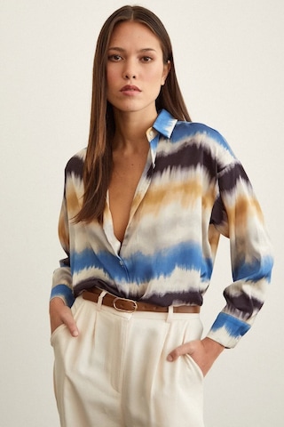 Kadın Uzun Kol Sulu Boya Desenli Renkli Pamuk Saten Premium Kalite Spor Şık Gömlek Mavi