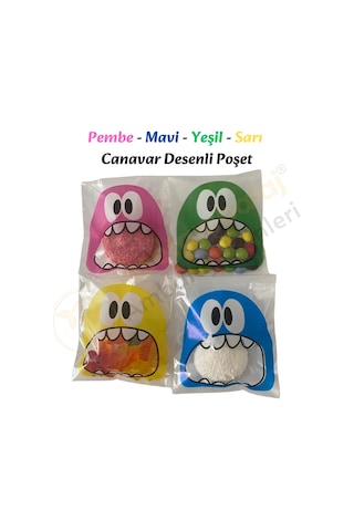 100 Adet 4 Renkli Canavar Desenli Cake Pop & Kurabiye Poşeti - 10x15 Cm
