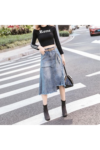 Kadın Moda Yüksek Bel Yırtık Tahrip Bodycon Sokak Stili Denim Etek Açık Mavi