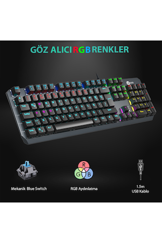 Lecoo GK301 USB Kablolu Blue Switch Makrolu RGB Gaming Mekanik Türkçe Q Klavye Metalik Gri