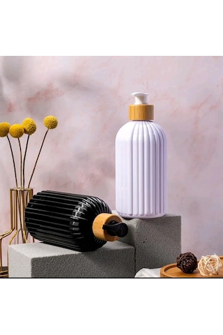 2 Li Hands Dishes Siyah Beyaz Dekoratif Mutfak Banyo Sıvı Cam Sabunluk Seti 500ml Bambu Stantlı Set Beyaz - Siyah