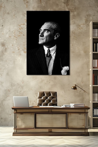 Atatürk Siyah Beyaz Portre Cam Tablo Klasik Şık Uv Baskı Duvar Dekoru