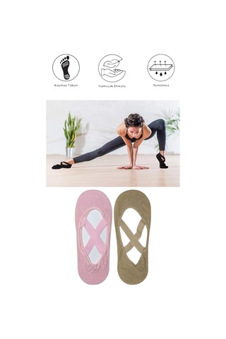 2 Adet Kadın Kaydırmaz Tabanlı Yoga Pilates Fitness Dans Ve Spor Çorabı Pembe - Bej
