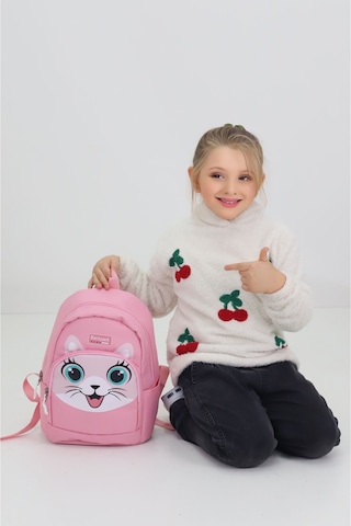 Sevimli Kedi Figürlü Pembe Anaokulu Kreş Çantası 4 Bölmeli Kız Çocuk Sırt Çantası Pembe