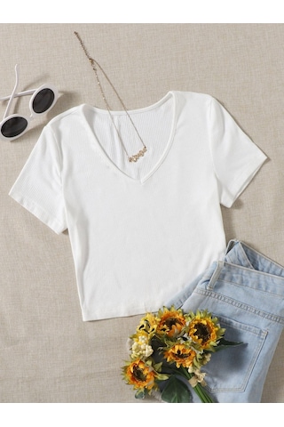 V Yaka Beyaz Renk Fitilli Kısa Kollu Regular Crop Top Bluz