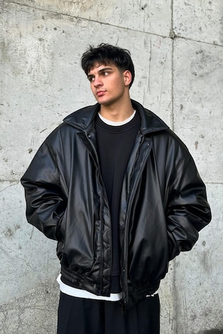 Oversize Vintage Erkek Siyah Deri Ceket Siyah