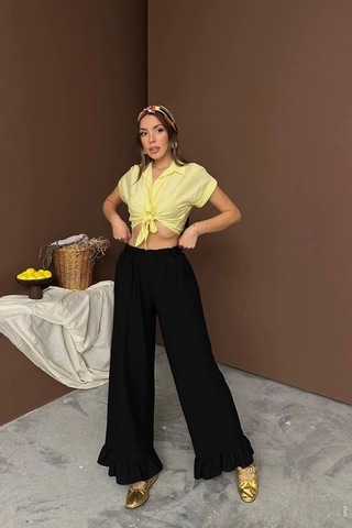 Defymoda Siyah Paçası Fırfırlı Keten Pantolon Siyah
