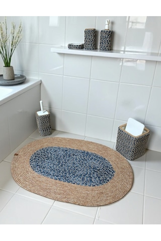 Doğal Dokulu Hasır Görünümlü 6 Parça Banyo Takımı Zarif Ve Modern Mavi