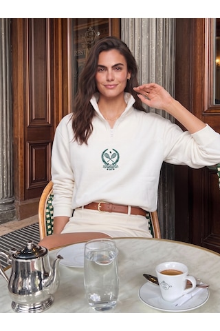 Onloox Kadın Beyaz Beyaz Pamuklu Dik Yaka Crop Yarım Fermuarlı İçi Polarlı Uzun Kollu Sweatshirt