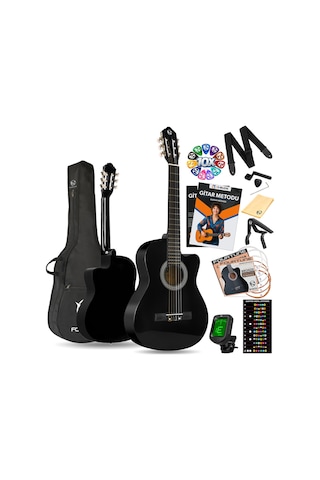 Fourtune Luca CW-200BK Kesik Kasa Siyah Klasik Gitar Seti 4/4 Sap Ayarlı (Cutaway)
