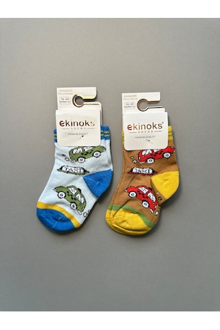 Araba Desenli Erkek Bebek 2'li Soket Çorap Mavi