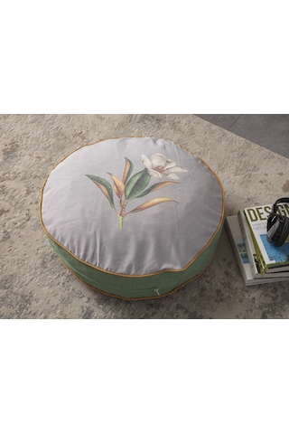 Gri Çiçek Desenli Dekoratif Taşınabilir Yuvarlak Puf Yer Minderi