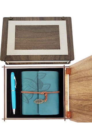Özel Ahşap Kutulu Mavi Deri Defter Ve Kalem Set 1 Adet