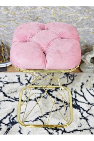 Zafir Kare Gold Kaplama Pembe Puf Oturak - Bench - Ayak Ucu Oturak - Tabure - Makyaj Oturak Pembe