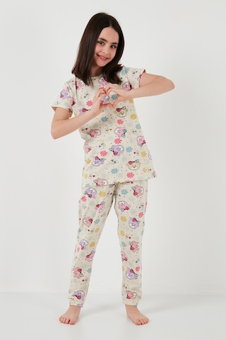 Lela % 100 Pamuk Bisiklet Yaka Kısa Kollu Kız Çocuk Pijama Takımı 6651004 Bej