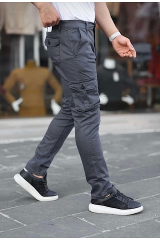 Erkek Körüklü Cep Ve Paça Ribana Detaylı Antrasit Keten Kargo Pantolon Antrasit