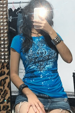 Mavi Gotik Rose Harajuku Y2k Kısa Kollu Crop-18660 Mavi