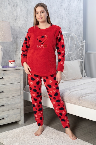 Mtn Kalp Desenli Polar Kadın Pijama Takımı Kırmızı
