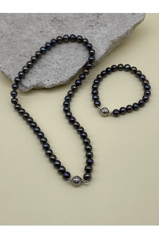 Siyah Doğal İnci Erkek Kolye Bileklik Set Gümüş